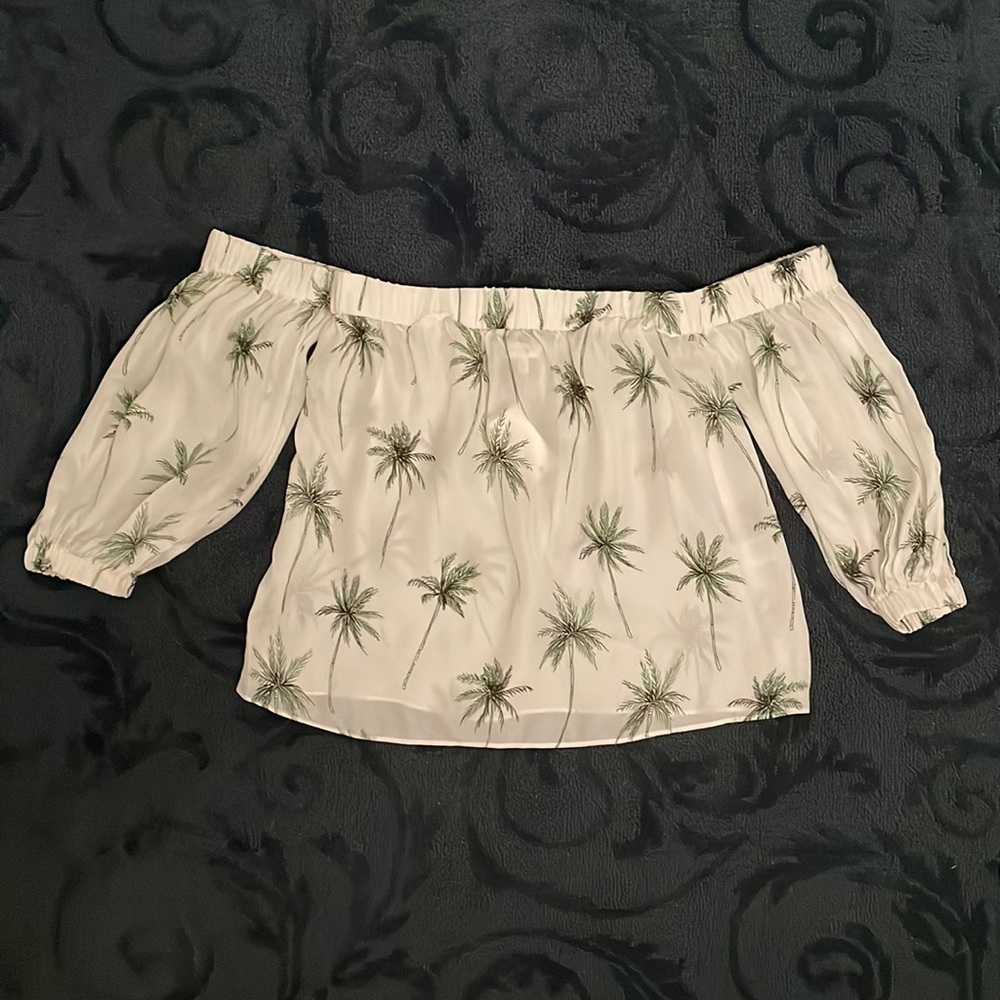 NWT Milly Off The Shoulder Blouse - 100% silk - White with Palm Trees Size P